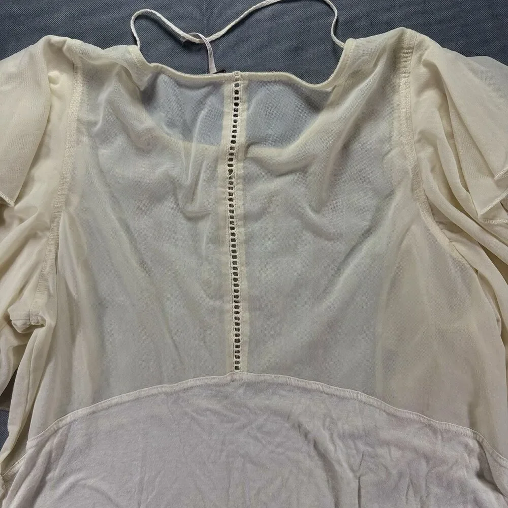 Free People Women Sz M Cream Embroidered Nylon Panel Ruffle Sleeve Top